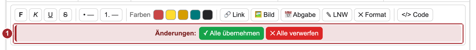 Die Werkzeugleiste mit der rot hinterlegten zweiten Zeile und den Knöpfen Alle übernehmen und Alle verwerfen