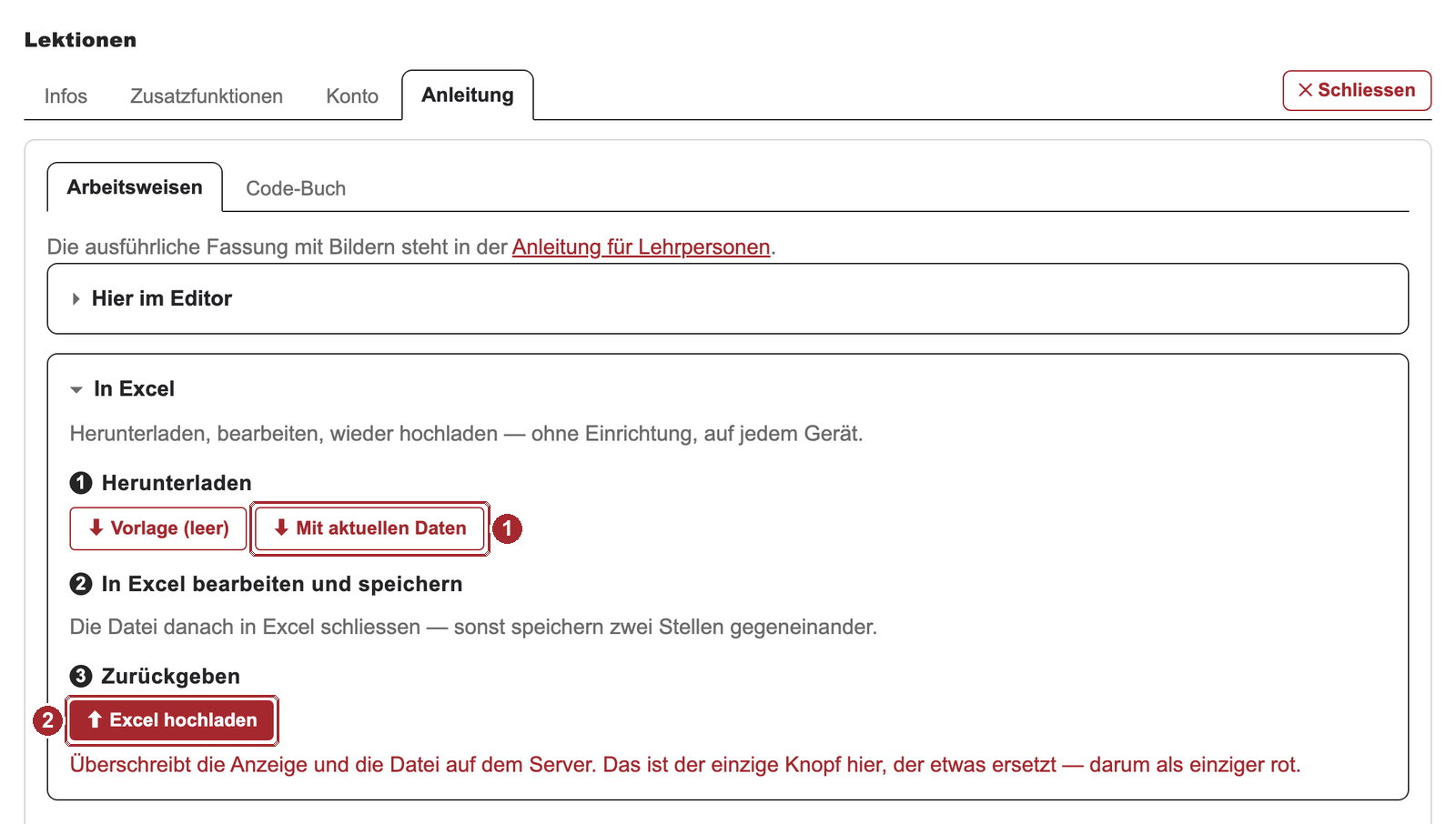 Der Reiter mit den Knöpfen zum Herunterladen und Hochladen der Excel