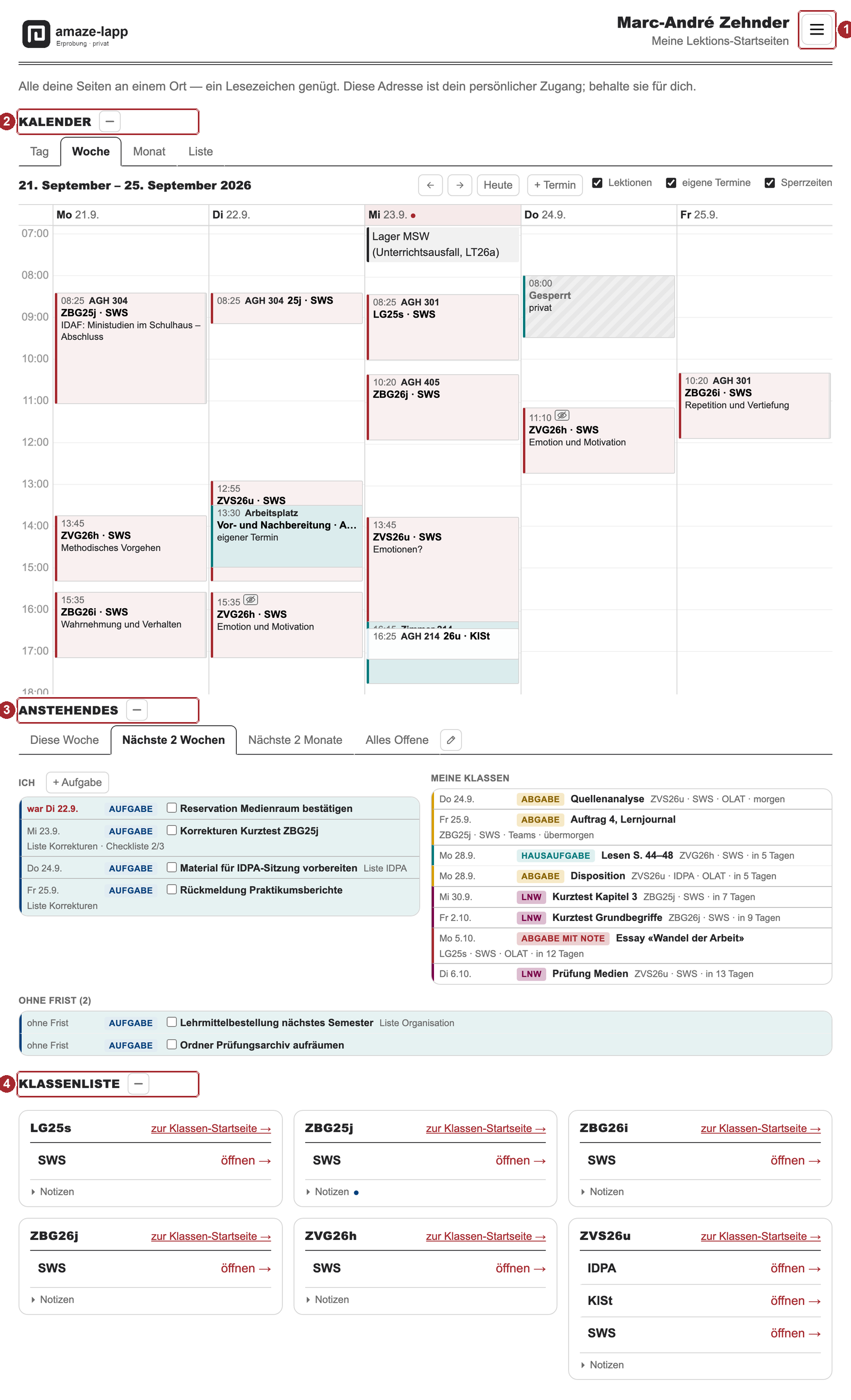 Die persönliche Startseite von oben: Kopfzeile, Kalender, Anstehendes, Klassenliste