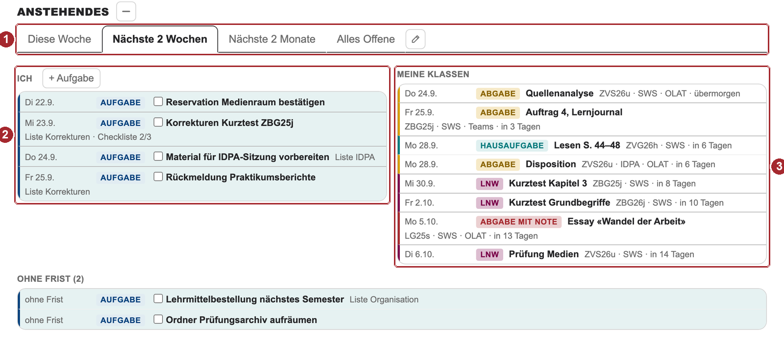 Anstehendes in zwei Spalten: links die eigenen Einträge grün hinterlegt, rechts die der Klassen