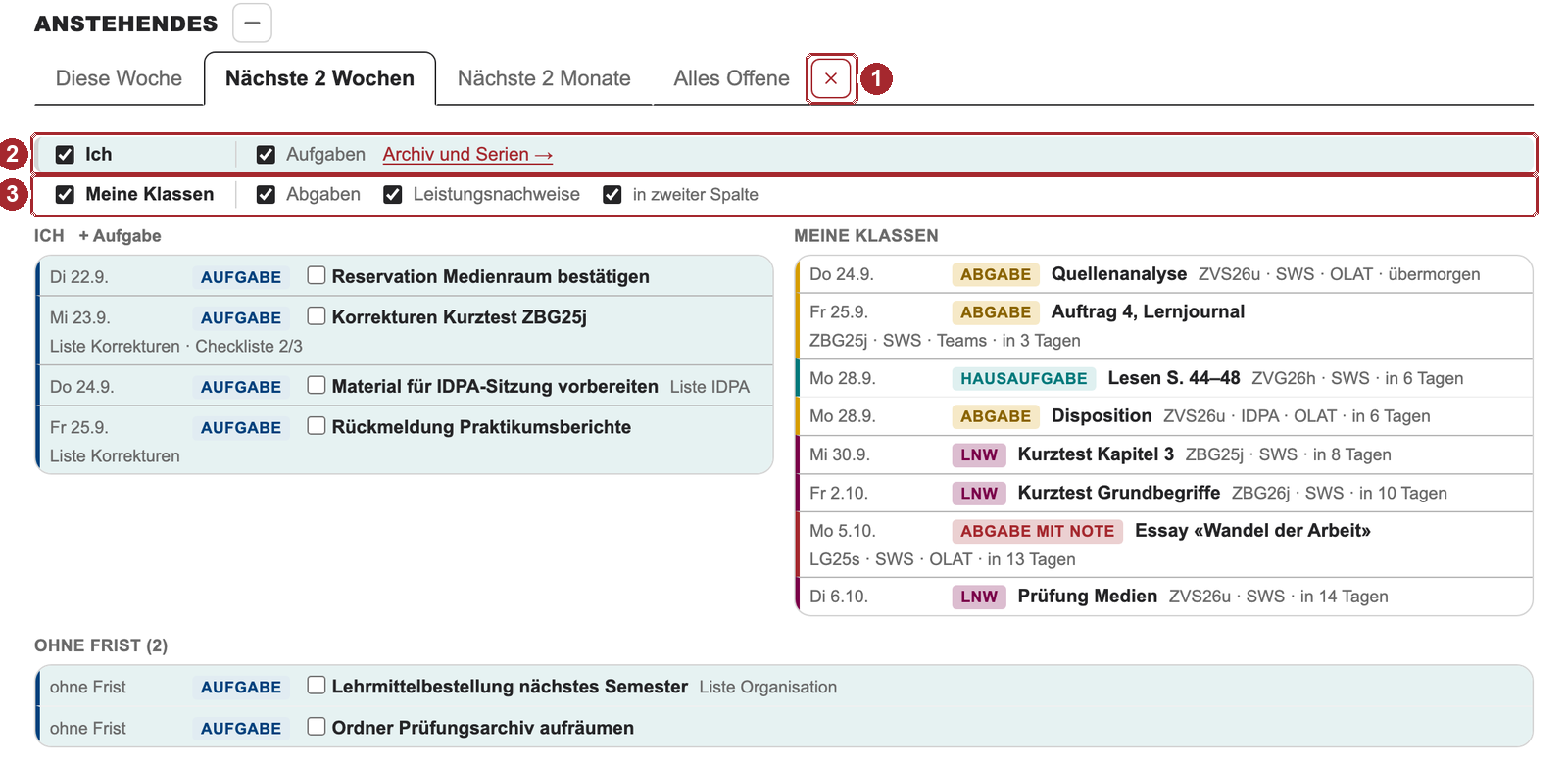 Die aufgeklappten Optionen mit den beiden Gruppen und ihren Haken