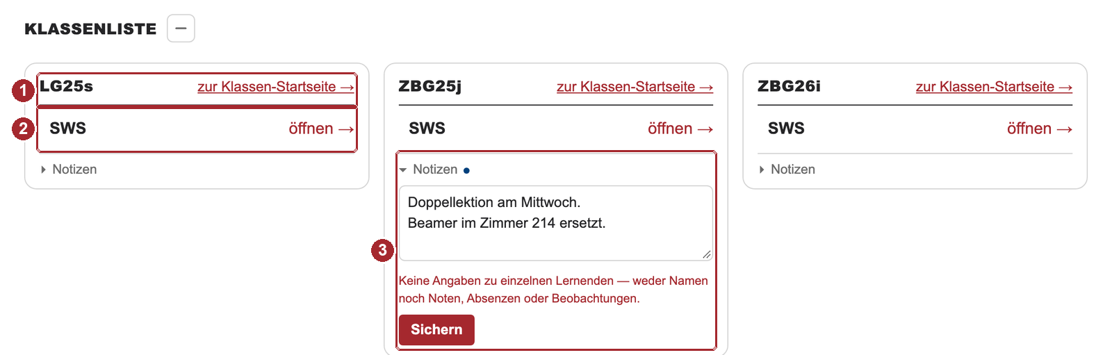 Die Klassenkarten mit Kürzeln, eine davon mit aufgeklappten Notizen